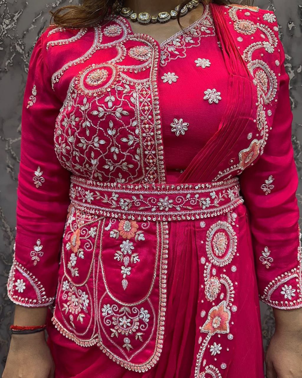 Embroidered Ready-to-Wear Gown Saree with Belt | Party & Wedding Collection