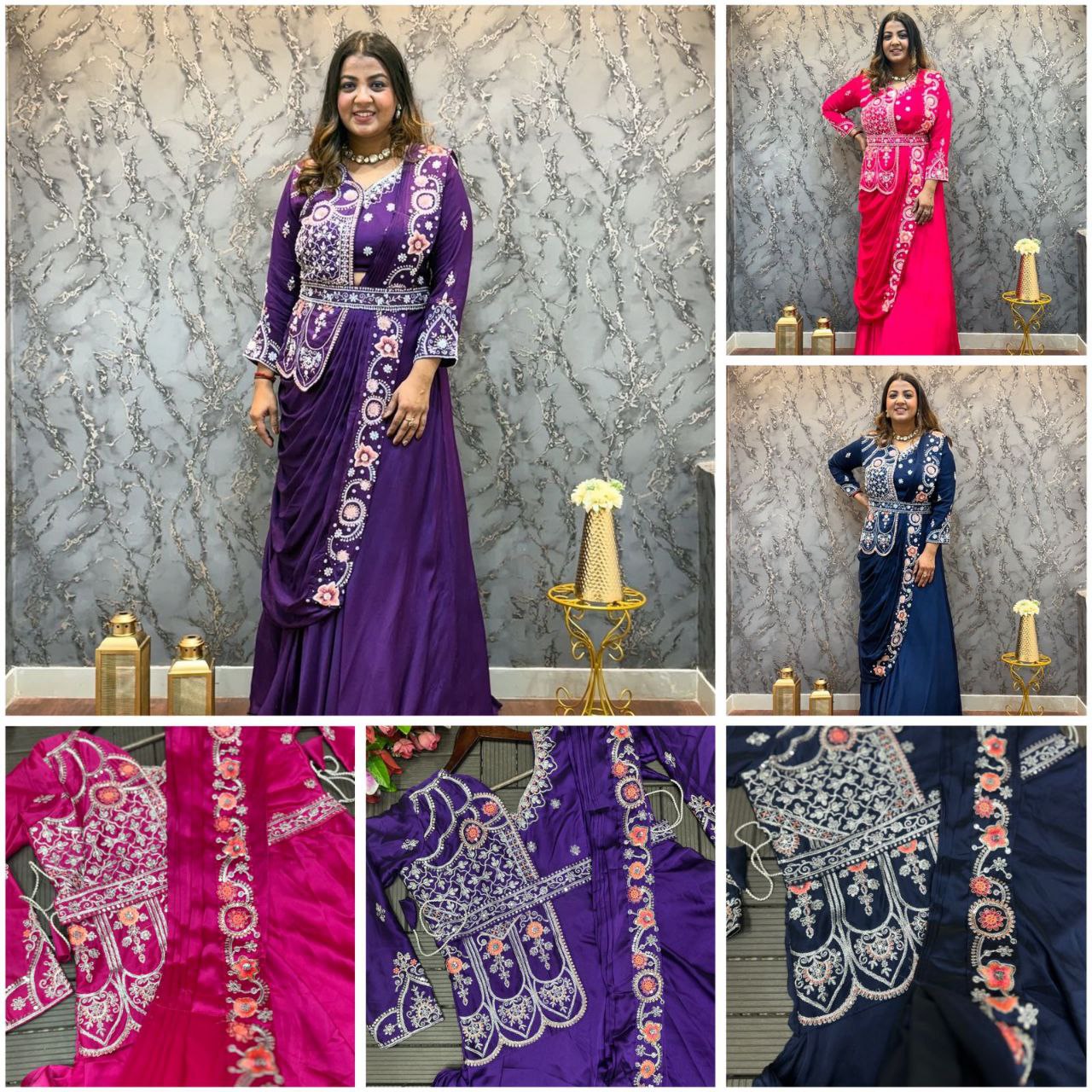 Embroidered Ready-to-Wear Gown Saree with Belt | Party & Wedding Collection