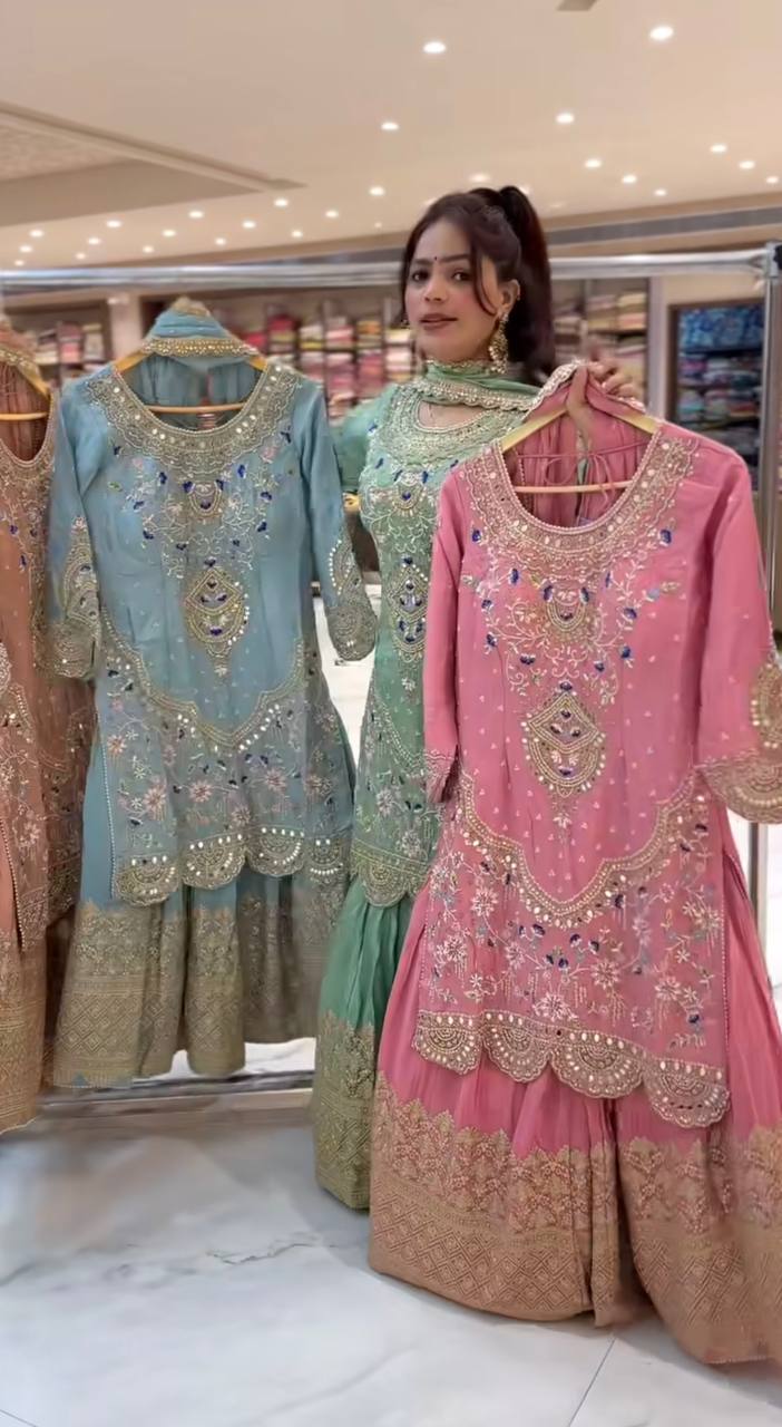 Designer Party Wear Natural Crepe Kurti Top with Sharara Palazzo & Dupatta – Heavy 9mm Sequence Embroidery Set