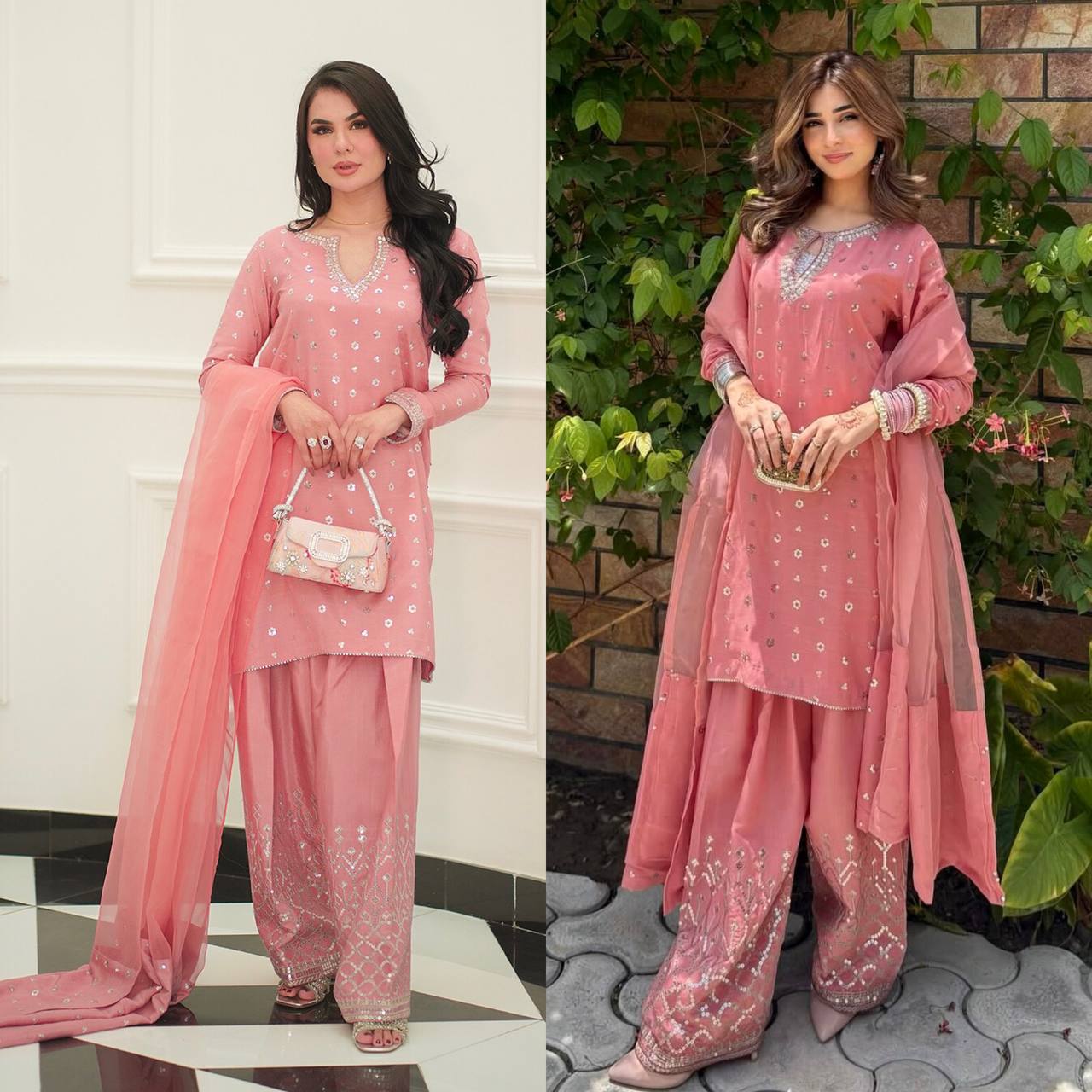 Designer Pink Chinnon Silk Party Wear Top & Farshi Salwar Set with Dupatta – Full Stitched Premium Collection