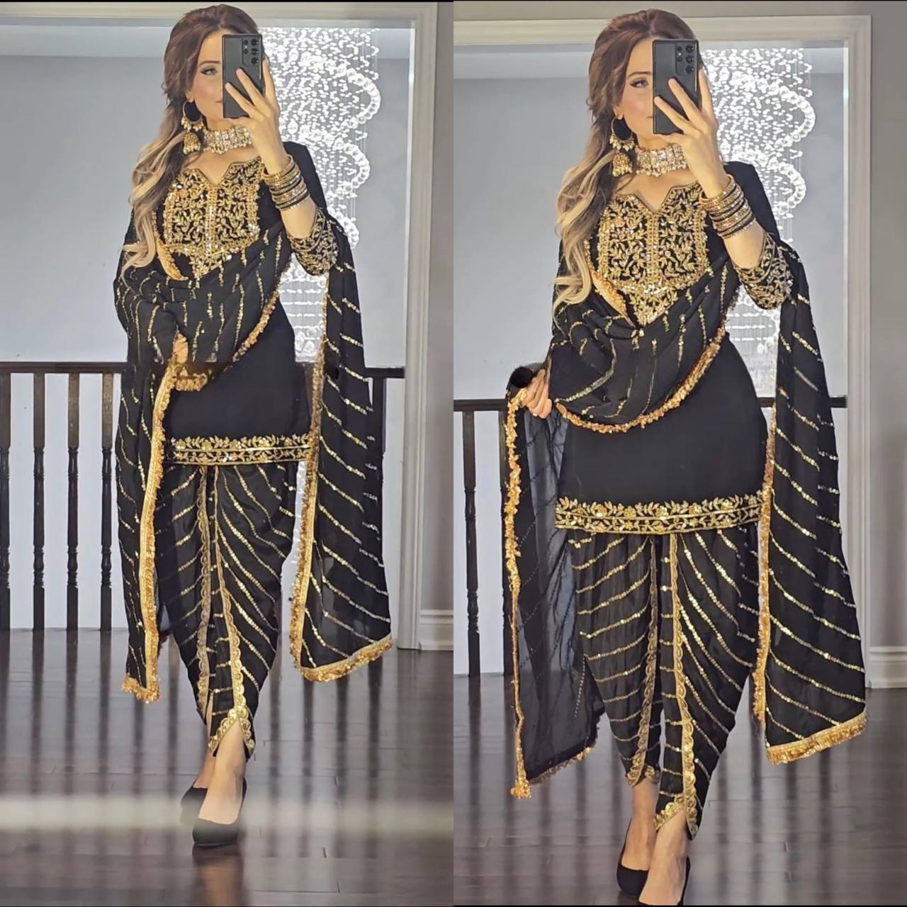 Designer Pure Chinon Dhoti Salwar Suit with Heavy Embroidery & Dupatta – Black Gold
