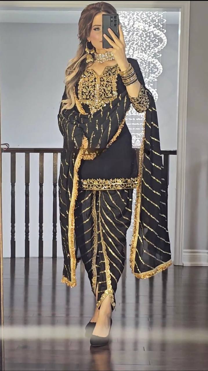 Designer Pure Chinon Dhoti Salwar Suit with Heavy Embroidery & Dupatta – Black Gold