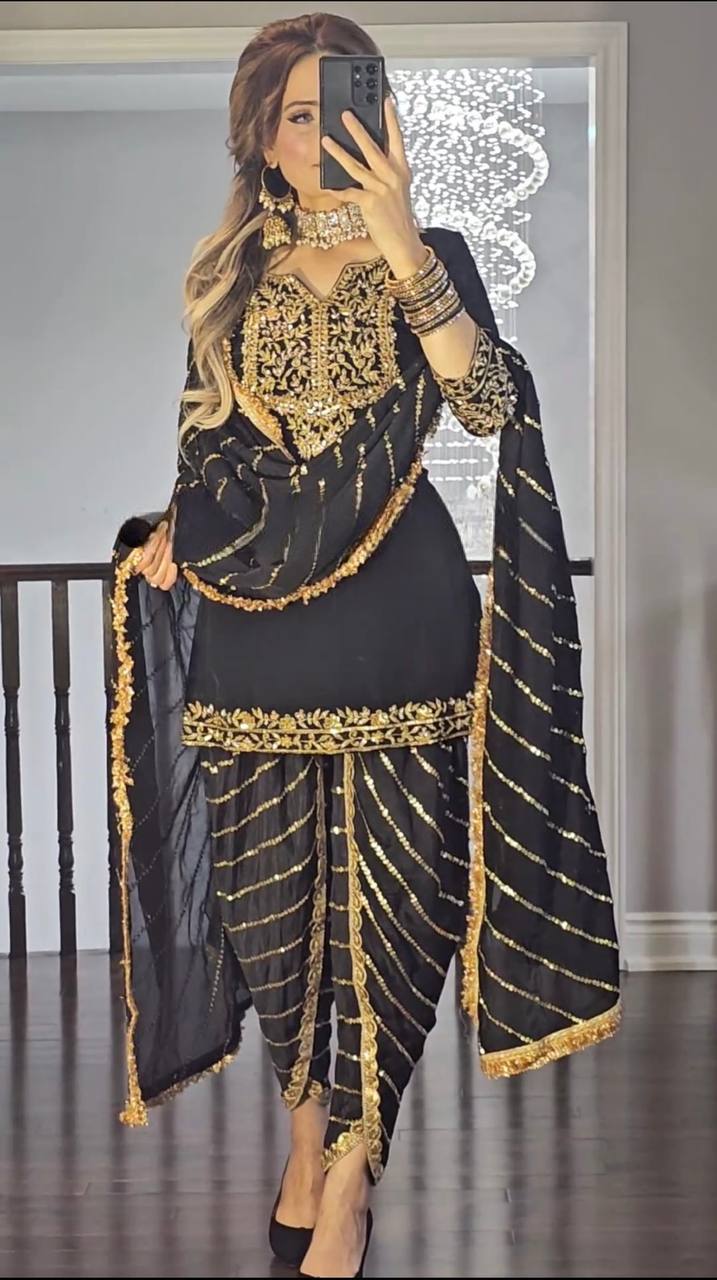 Designer Pure Chinon Dhoti Salwar Suit with Heavy Embroidery & Dupatta – Black Gold