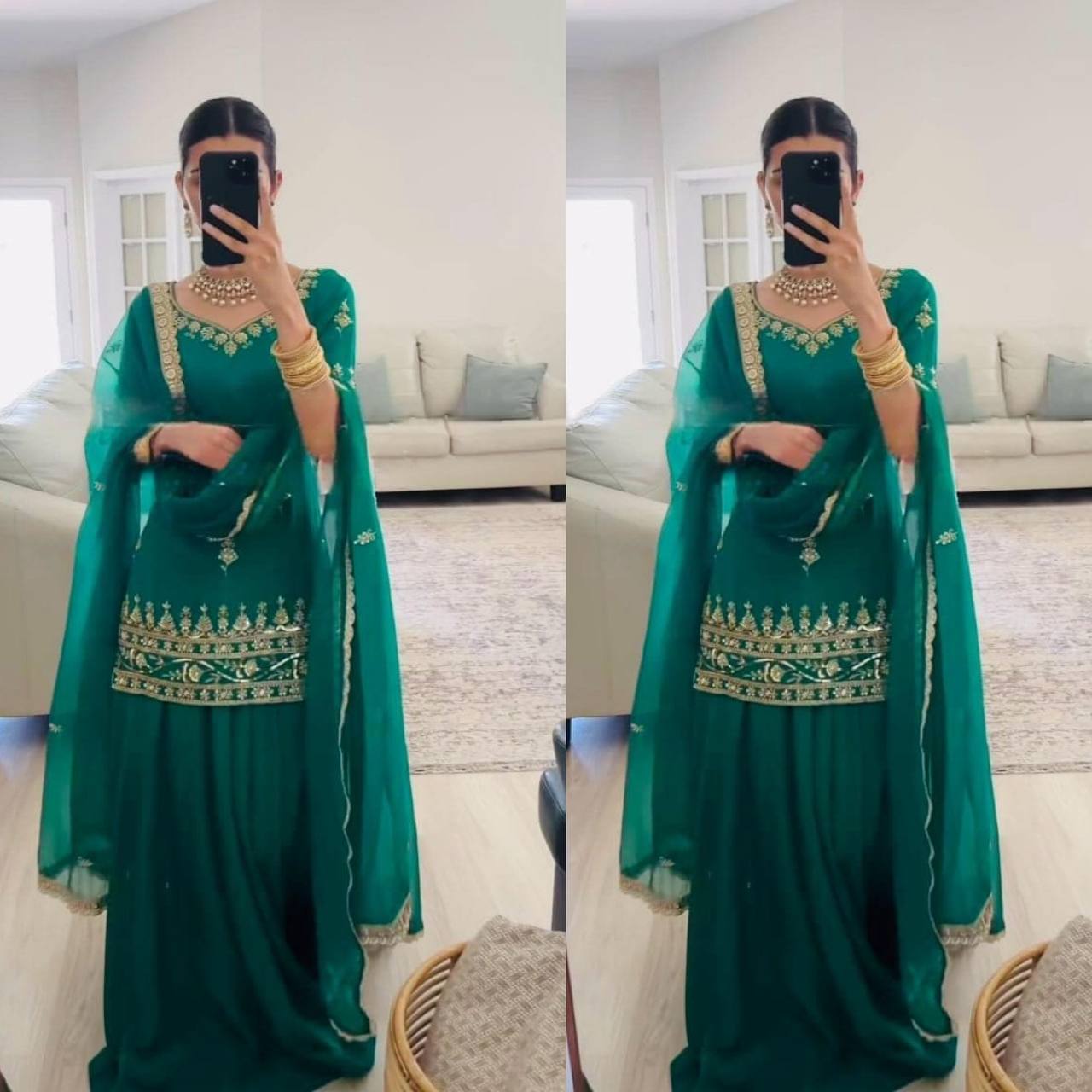 Designer Party Wear Natural Crepe Top with Lehenga & Net Dupatta – Heavy Sequence Embroidery Set