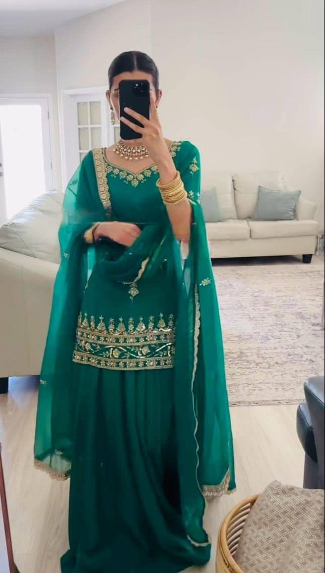 Designer Party Wear Natural Crepe Top with Lehenga & Net Dupatta – Heavy Sequence Embroidery Set