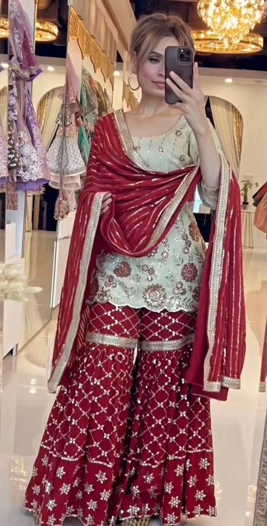 Designer Party Wear Chinnon Silk Kurti Top with Sharara Palazzo & Dupatta – Heavy Sequence Embroidery Set