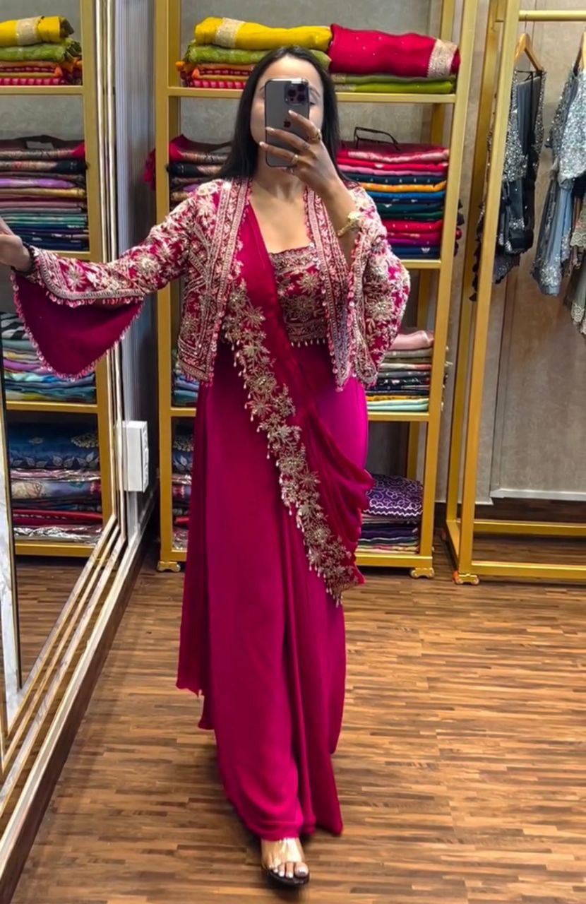 Embroidered Drape Saree Set with Handwork Jacket