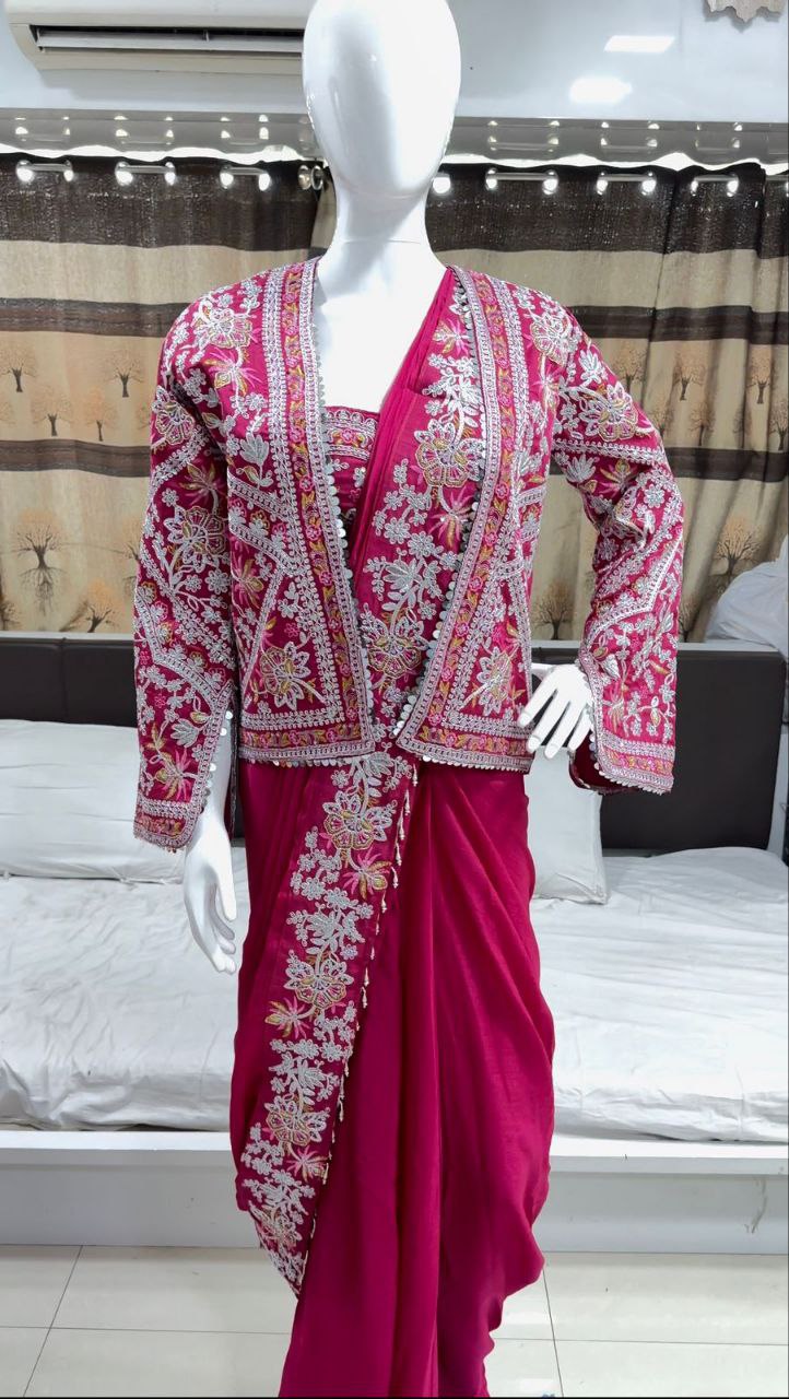 Embroidered Drape Saree Set with Handwork Jacket