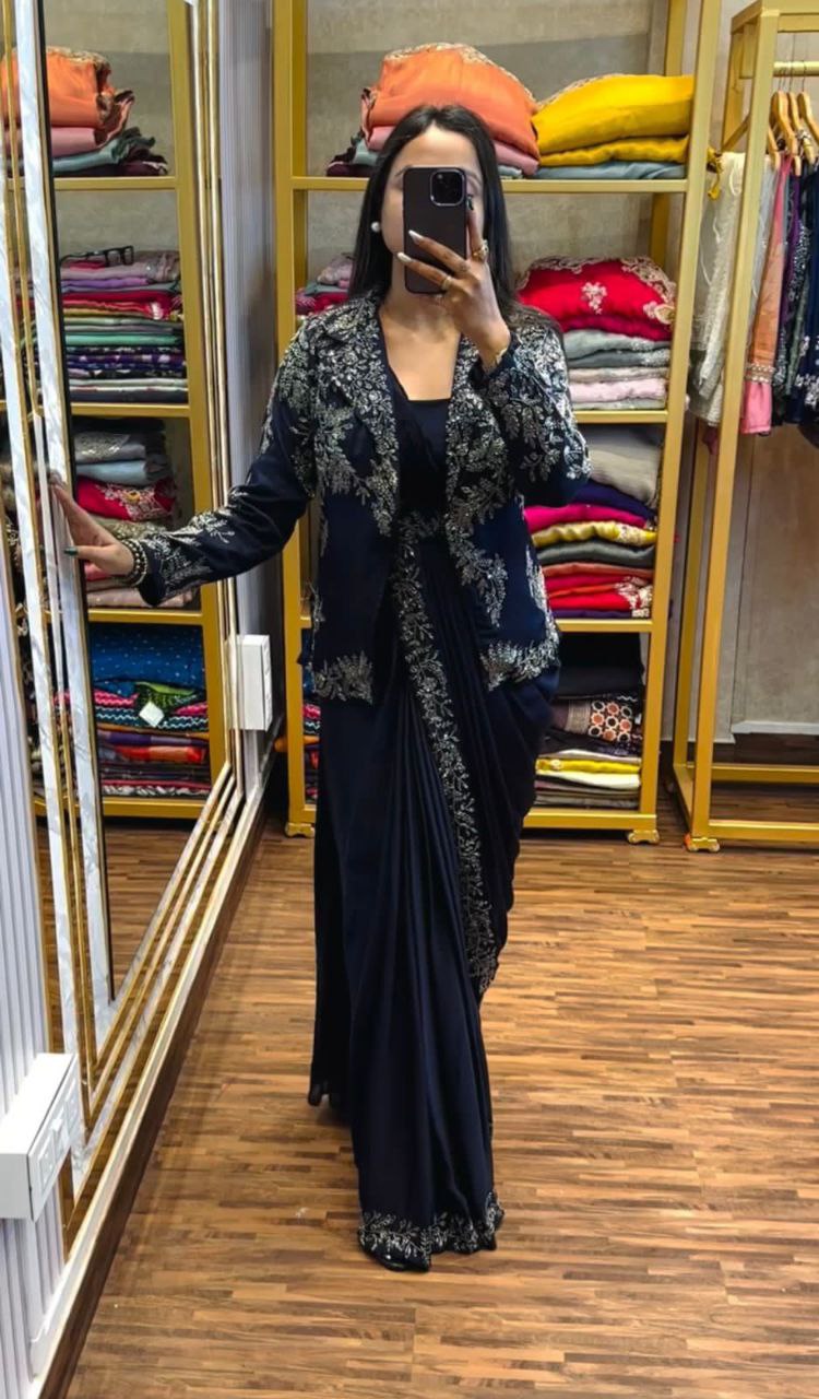 Ready to Wear Saree with Embroidery Jacket & Belt | Heavy Chinon Party Wear