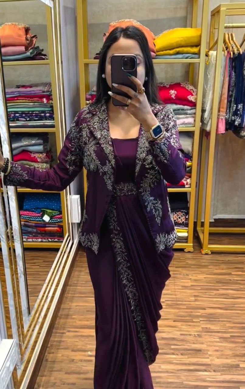 Ready to Wear Saree with Embroidery Jacket & Belt | Heavy Chinon Party Wear