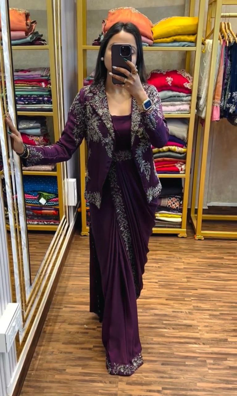 Ready to wear saree with embroidered jacket in Wine – Heavy Chinon Fabric
