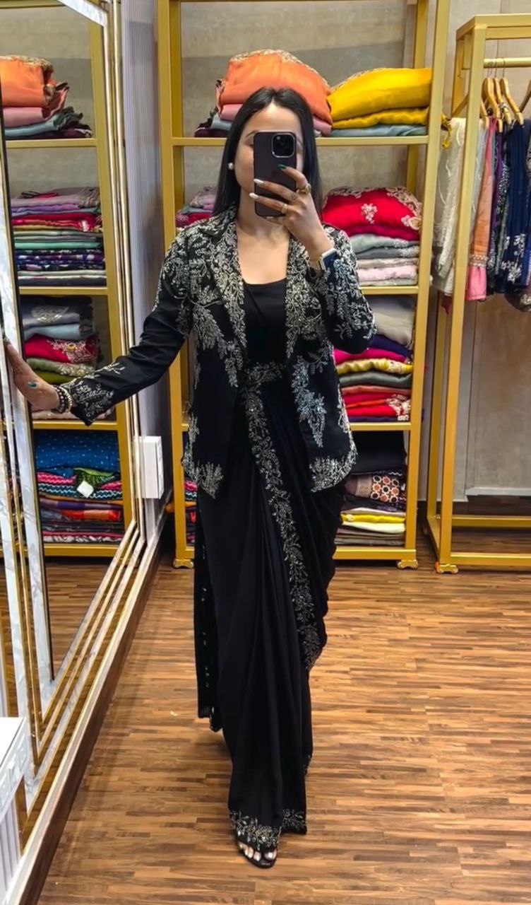 Ready to wear saree with embroidered jacket in black – Heavy Chinon Fabric
