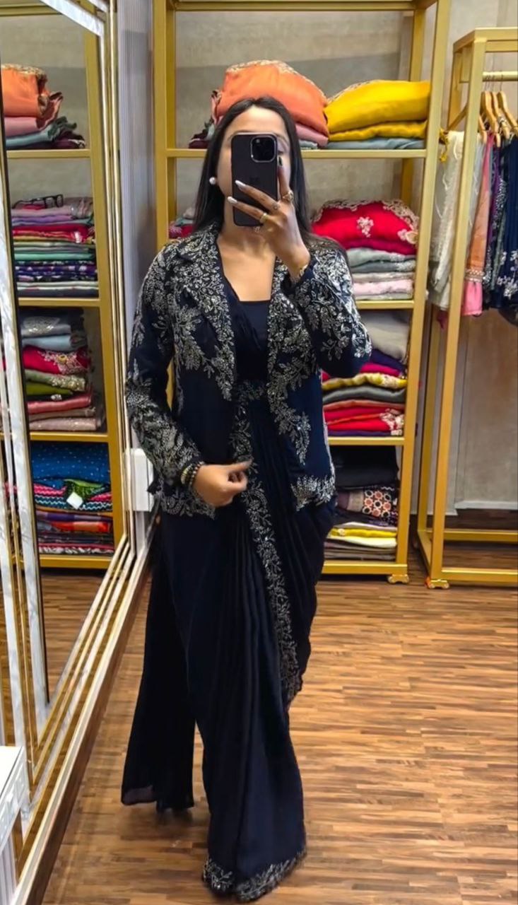 Ready to wear saree with embroidered jacket in Navy Blue – Heavy Chinon Fabric
