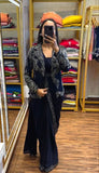 Ready to wear saree with embroidered jacket in Navy Blue – Heavy Chinon Fabric
