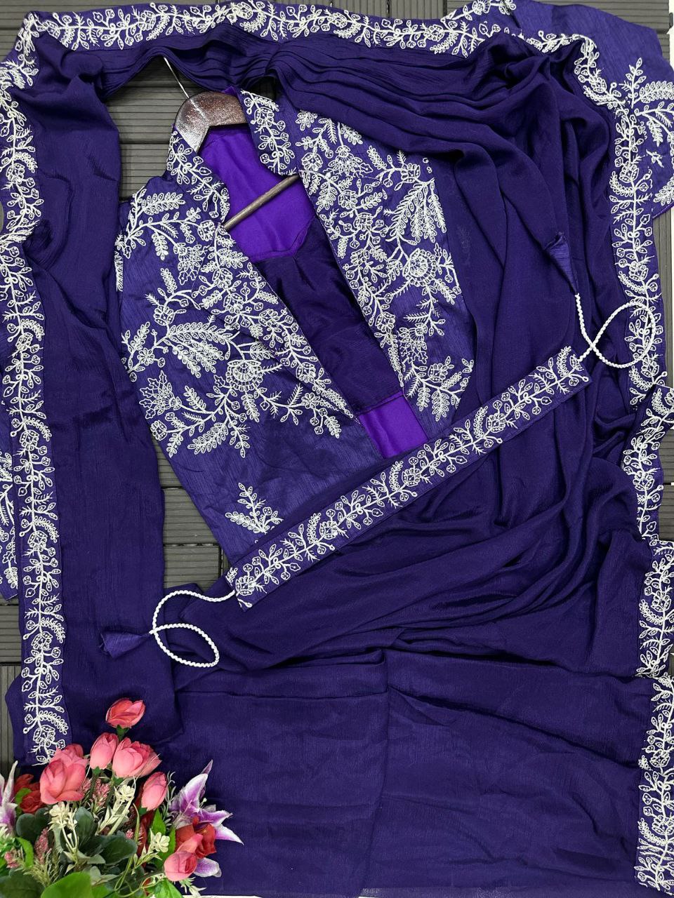 Ready to wear saree with embroidered jacket in royal purple – Heavy Chinon Fabric
