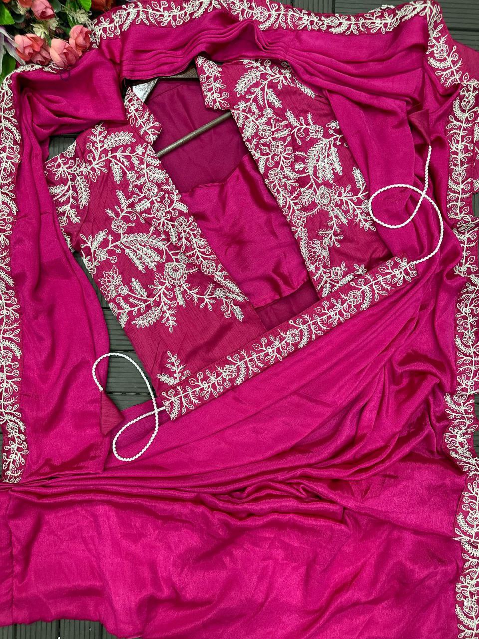 Ready to wear saree with embroidered jacket in rani pink – Heavy Chinon Fabric

