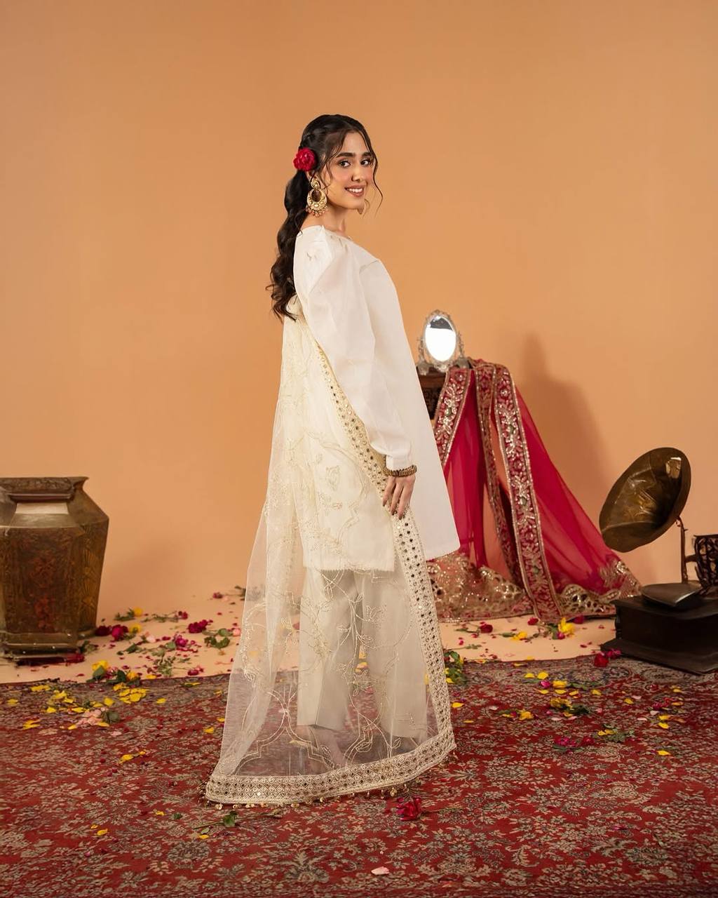 Designer Crepe Silk Top With Farshi Salwar & Embroidered Dupatta