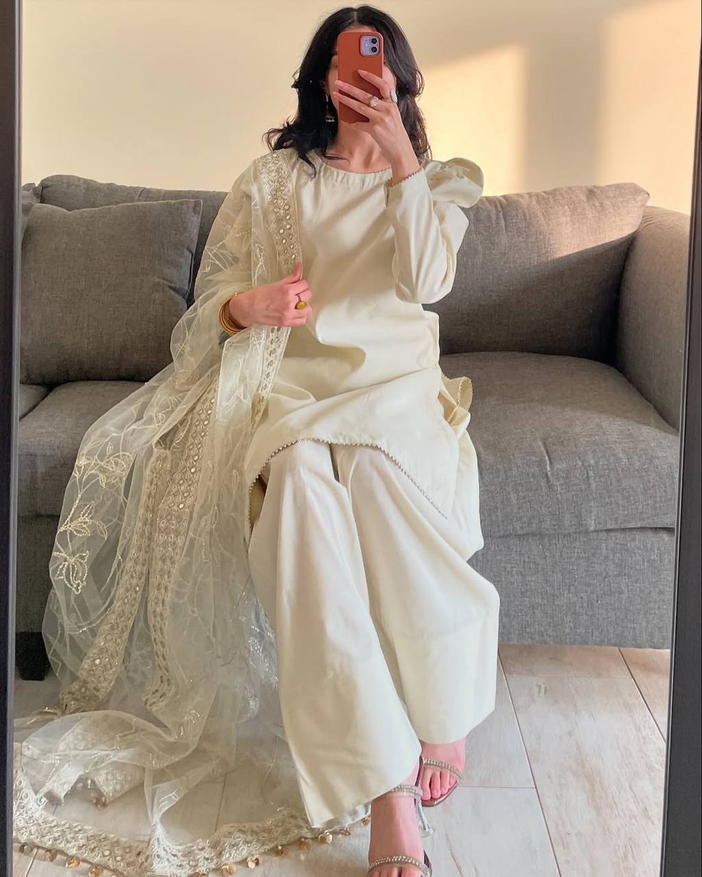 Designer Crepe Silk Top With Farshi Salwar & Embroidered Dupatta