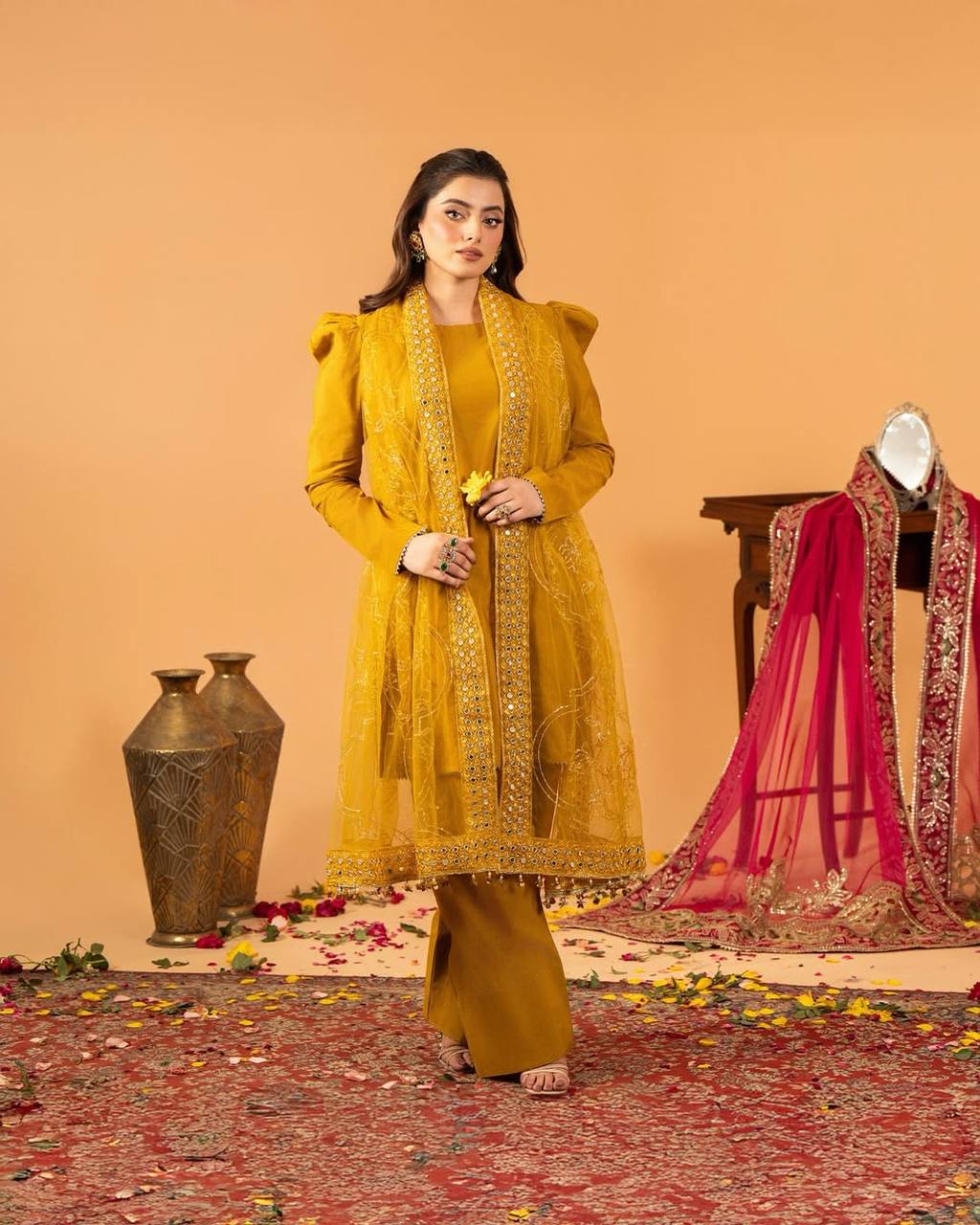 Designer Crepe Silk Top With Farshi Salwar & Embroidered Dupatta