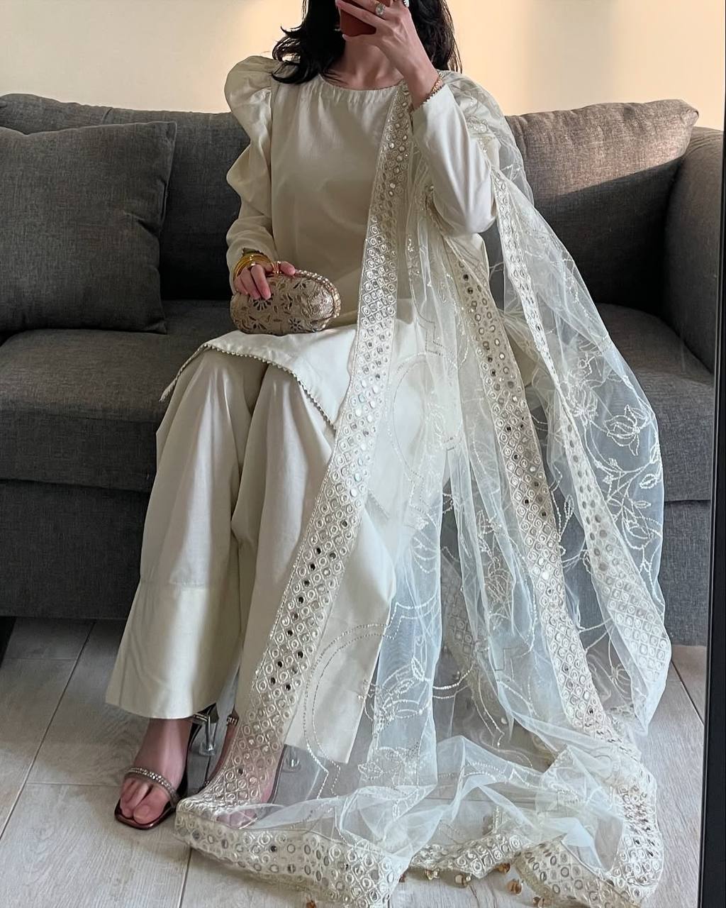 Designer Crepe Silk Top With Farshi Salwar & Embroidered Dupatta