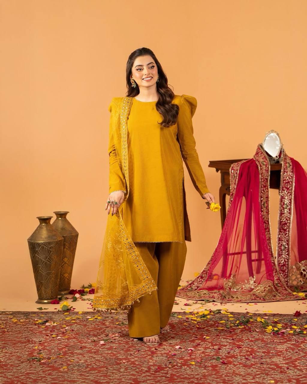 Designer Crepe Silk Top With Farshi Salwar & Embroidered Dupatta