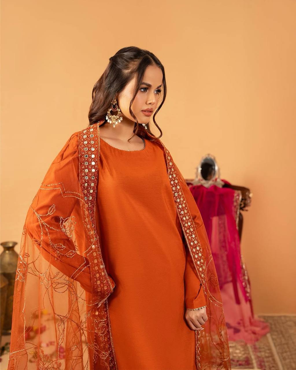 Designer Crepe Silk Top With Farshi Salwar & Embroidered Dupatta