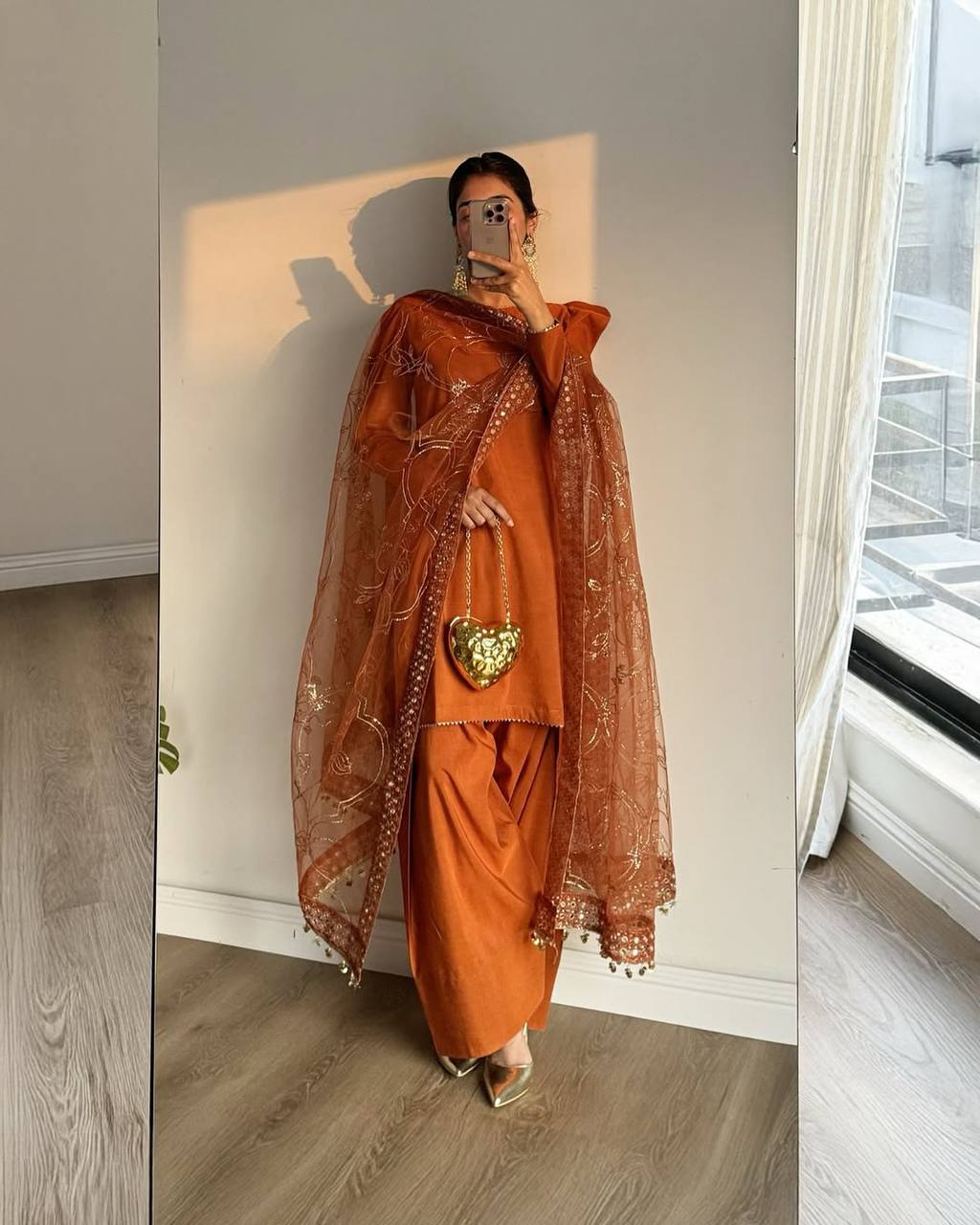 Designer Crepe Silk Top With Farshi Salwar & Embroidered Dupatta