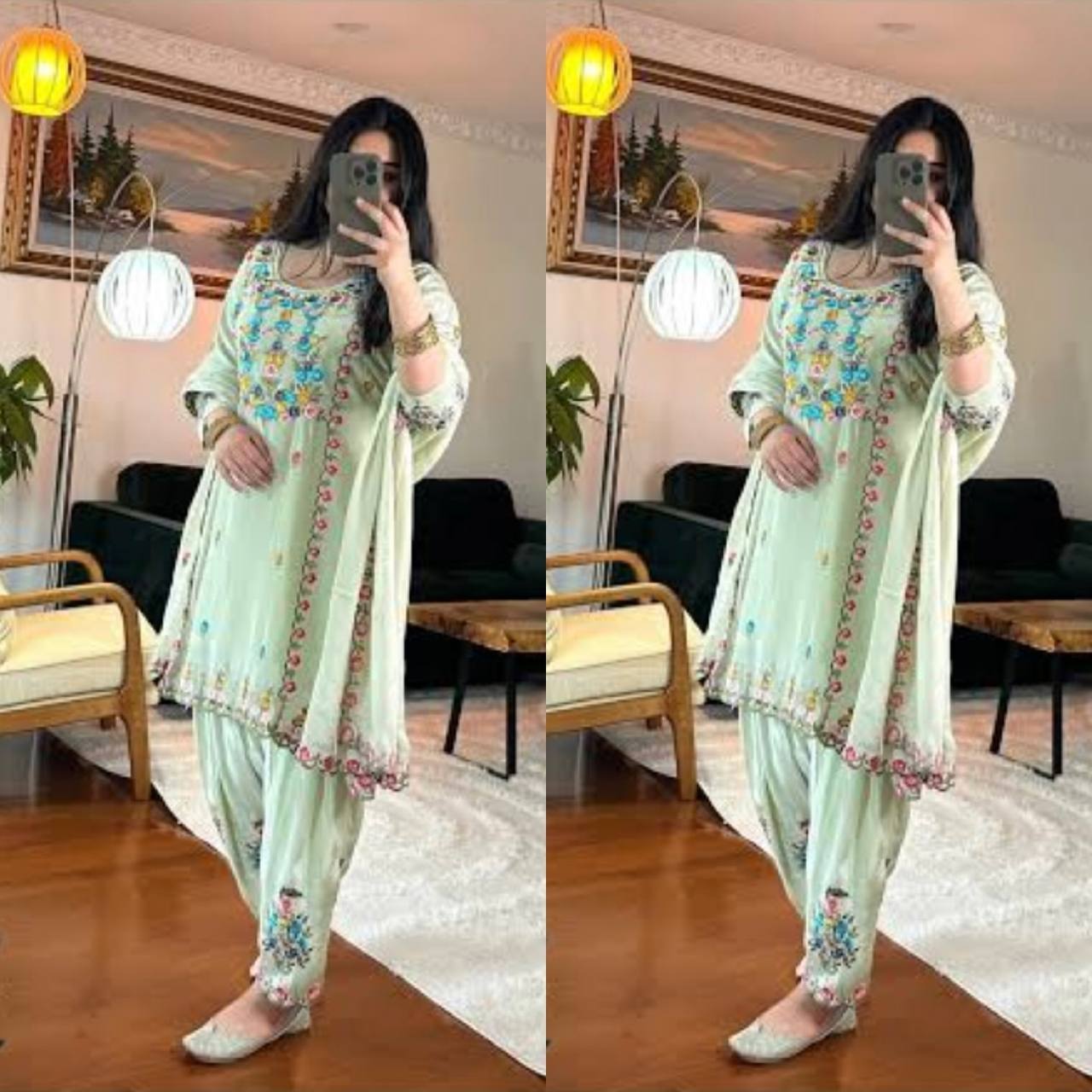 Designer Party Wear Chinnon Silk Kurti Top with Dhoti Salwar & Dupatta – Heavy Embroidery Sequence Set