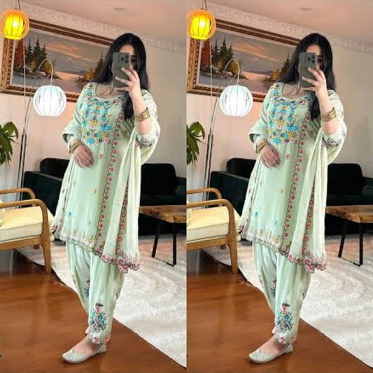 Designer Party Wear Chinnon Silk Kurti Top with Dhoti Salwar & Dupatta – Heavy Embroidery Sequence Set