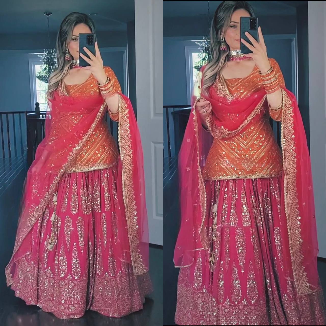 Premium Faux Georgette Heavy Sequence Embroidered Lehenga Set With Butterfly Net Dupatta – Orange & Pink