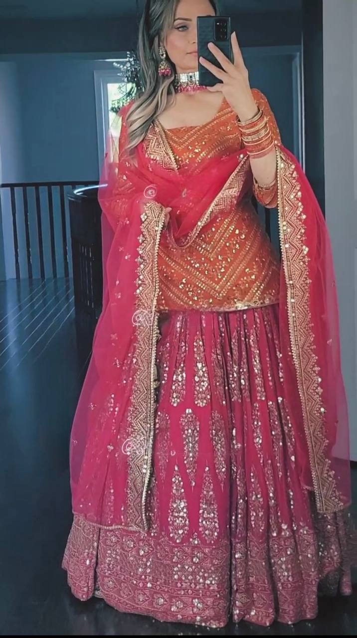 Premium Faux Georgette Heavy Sequence Embroidered Lehenga Set With Butterfly Net Dupatta – Orange & Pink