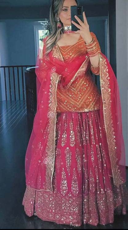 Premium Faux Georgette Heavy Sequence Embroidered Lehenga Set With Butterfly Net Dupatta – Orange & Pink