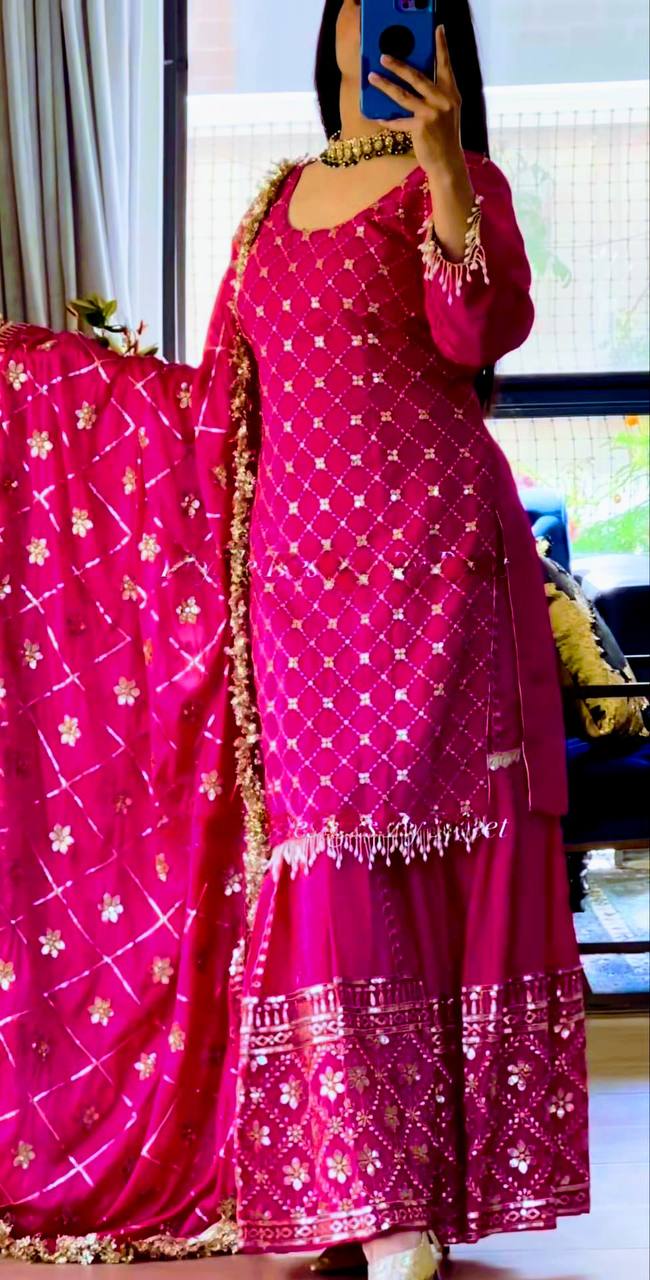 Premium Heavy Chinnon Silk Embroidered Sharara Suit Set With Dupatta – Dark Pink Party Wear