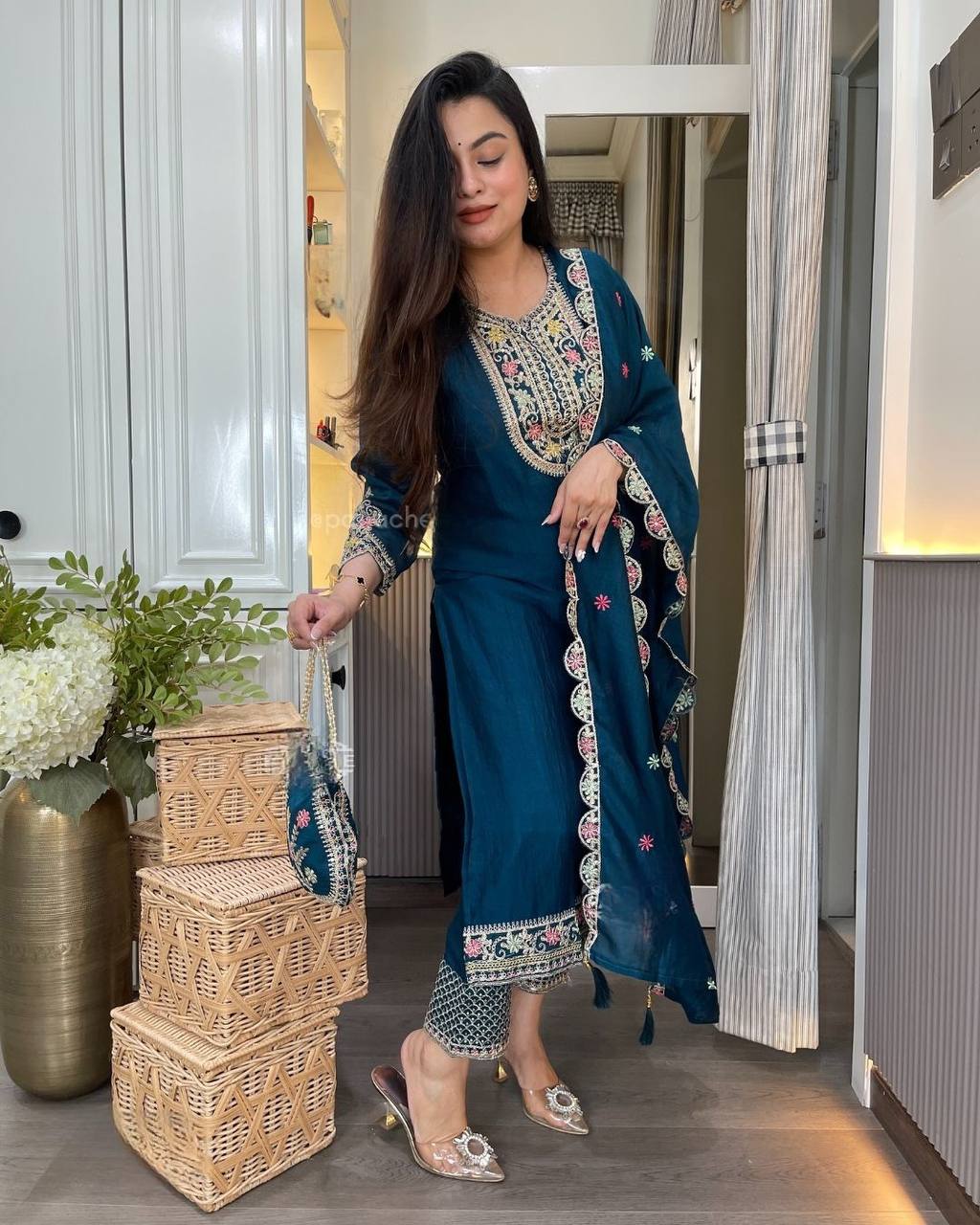 Designer Pakistani Long Chinon Silk Suit with Heavy Embroidery & Dupatta – Premium Party Wear Set