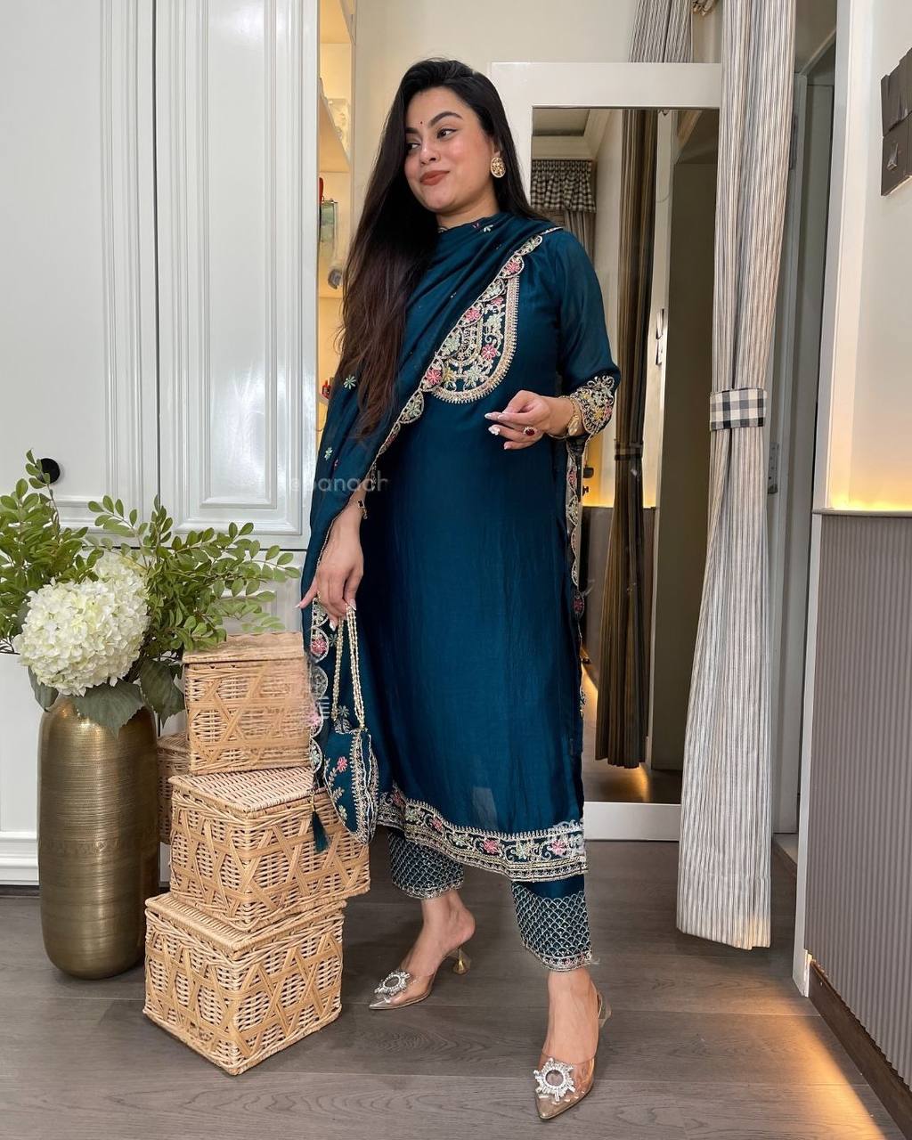 Designer Pakistani Long Chinon Silk Suit with Heavy Embroidery & Dupatta – Premium Party Wear Set