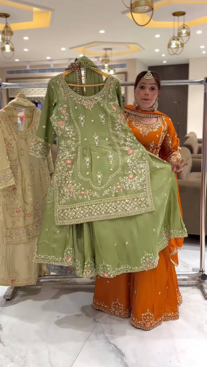 Premium Natural Crepe Heavy Embroidered Sharara Suit Set With Dupatta – Party Wear Collection