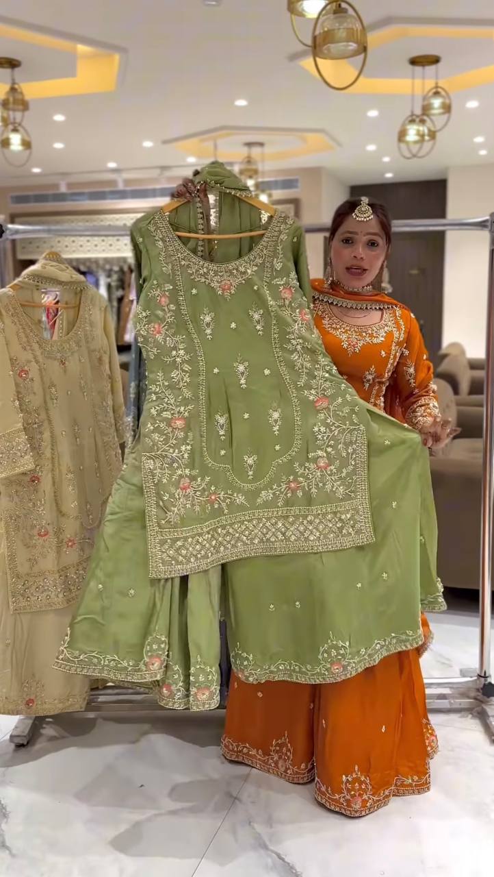 Premium Natural Crepe Heavy Embroidered Sharara Suit Set With Dupatta – Party Wear Collection