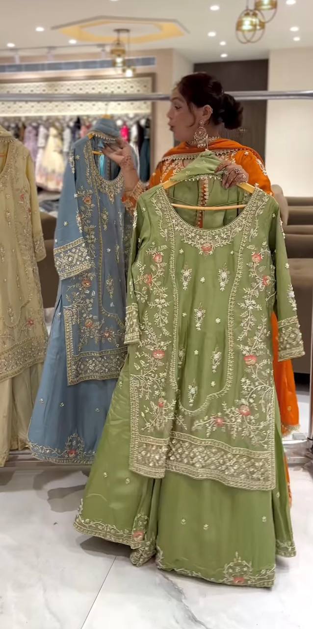 Premium Natural Crepe Heavy Embroidered Sharara Suit Set With Dupatta – Party Wear Collection
