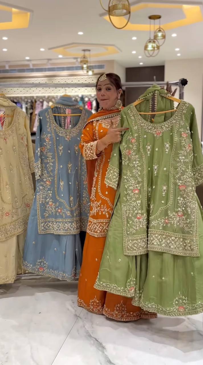 Premium Natural Crepe Heavy Embroidered Sharara Suit Set With Dupatta – Party Wear Collection