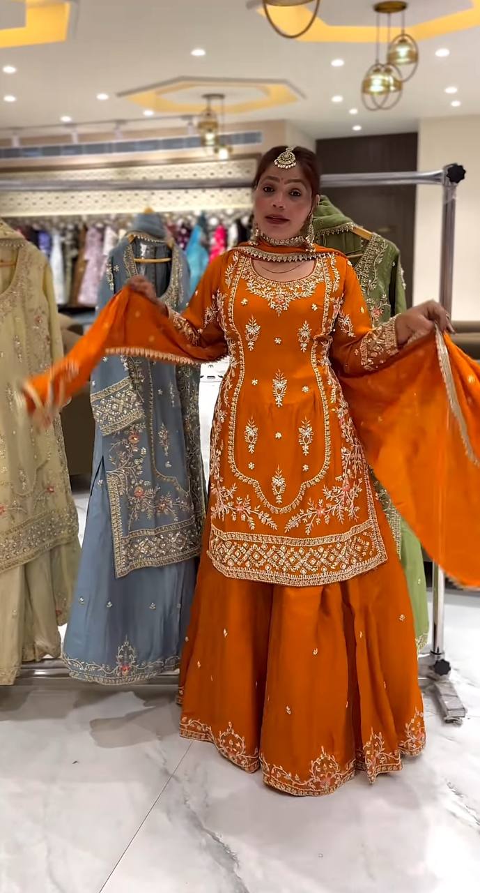 Premium Natural Crepe Heavy Embroidered Sharara Suit Set With Dupatta – Party Wear Collection