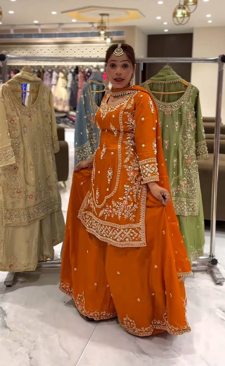Premium Natural Crepe Heavy Embroidered Sharara Suit Set With Dupatta – Party Wear Collection
