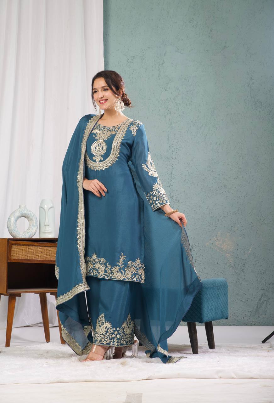 Designer Chinnon Silk Embroidered Suit Set with Pant & Dupatta | Party Wear Collection
