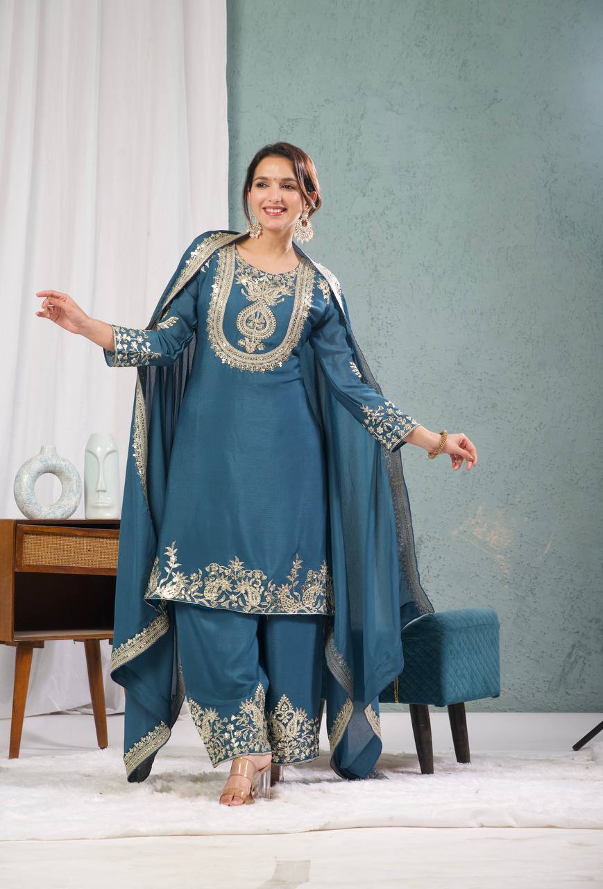 Designer Chinnon Silk Embroidered Suit Set with Pant & Dupatta | Party Wear Collection