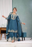 Designer Chinnon Silk Embroidered Suit Set with Pant & Dupatta | Party Wear Collection
