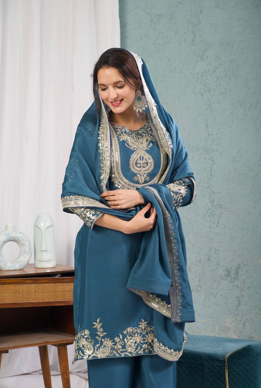 Designer Chinnon Silk Embroidered Suit Set with Pant & Dupatta | Party Wear Collection