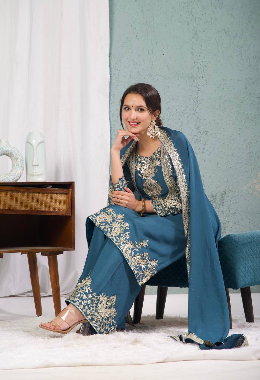 Designer Chinnon Silk Embroidered Suit Set with Pant & Dupatta | Party Wear Collection