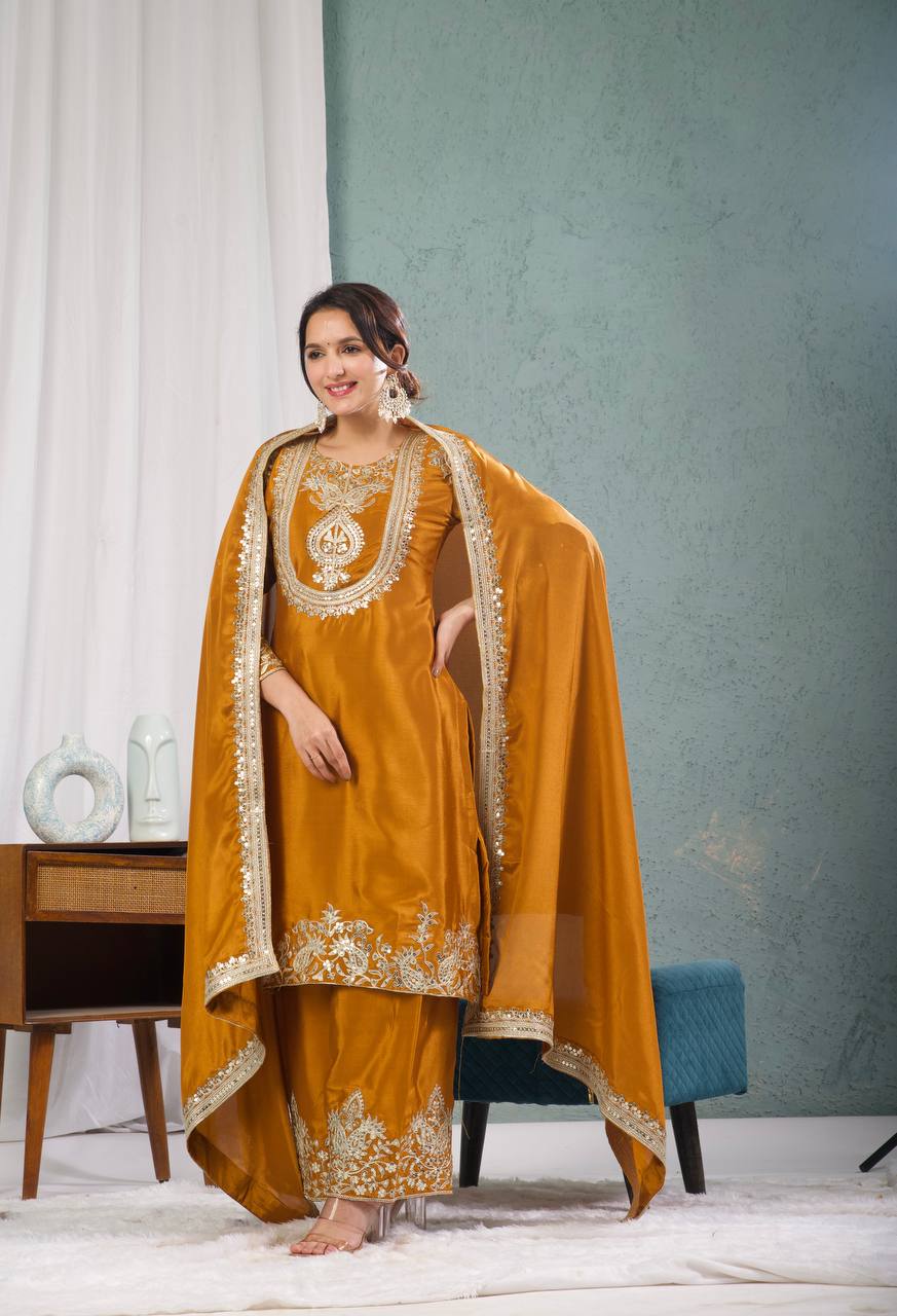 Designer Chinnon Silk Embroidered Suit Set with Pant & Dupatta | Party Wear Collection