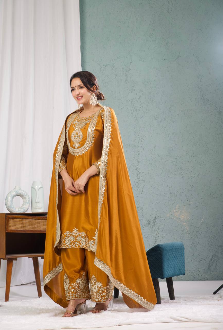 Designer Chinnon Silk Embroidered Suit Set with Pant & Dupatta | Party Wear Collection