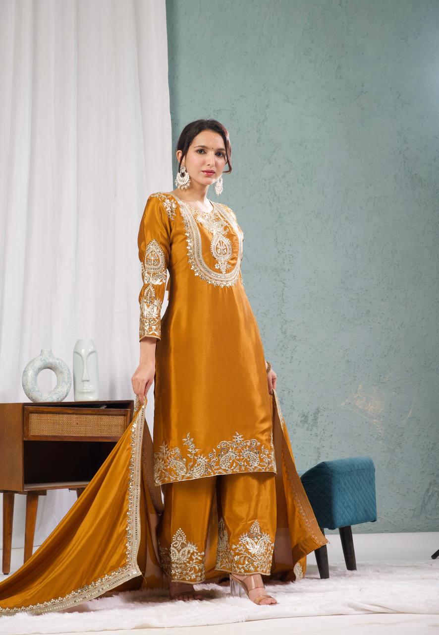 Designer Chinnon Silk Embroidered Suit Set with Pant & Dupatta | Party Wear Collection