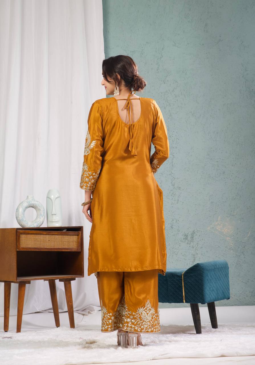 Designer Chinnon Silk Embroidered Suit Set with Pant & Dupatta | Party Wear Collection